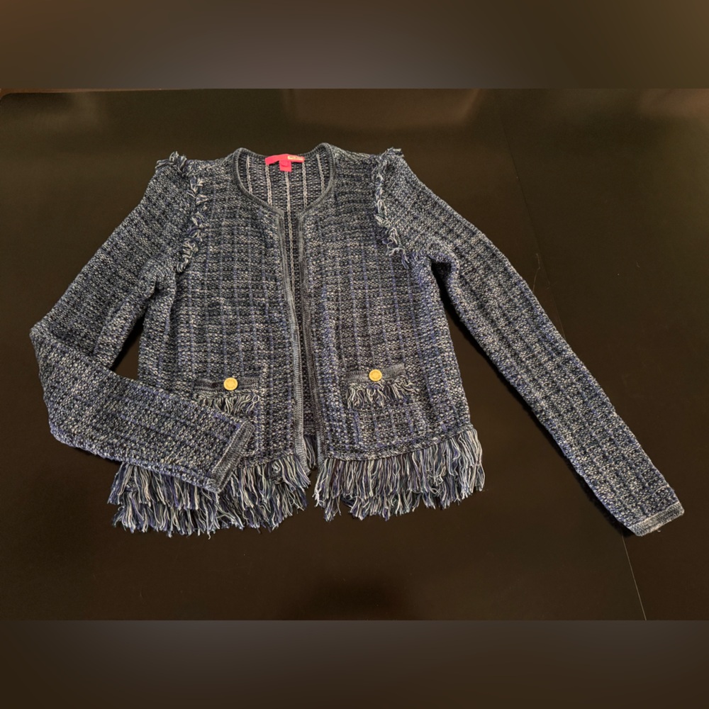 Lilly Pulitzer Simora Cardigan Oyster Bay Navy In Exotic Tweed Size Small - Picture 3 of 10